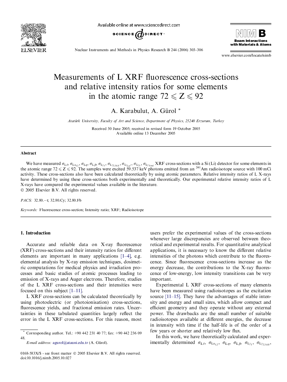 Measurements of L XRF fluorescence cross-sections and relative intensity ratios for some elements in the atomic range 72 ⩽ Z ⩽ 92