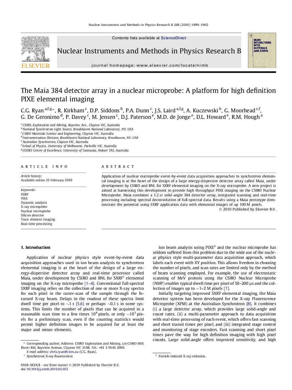 The Maia 384 detector array in a nuclear microprobe: A platform for high definition PIXE elemental imaging