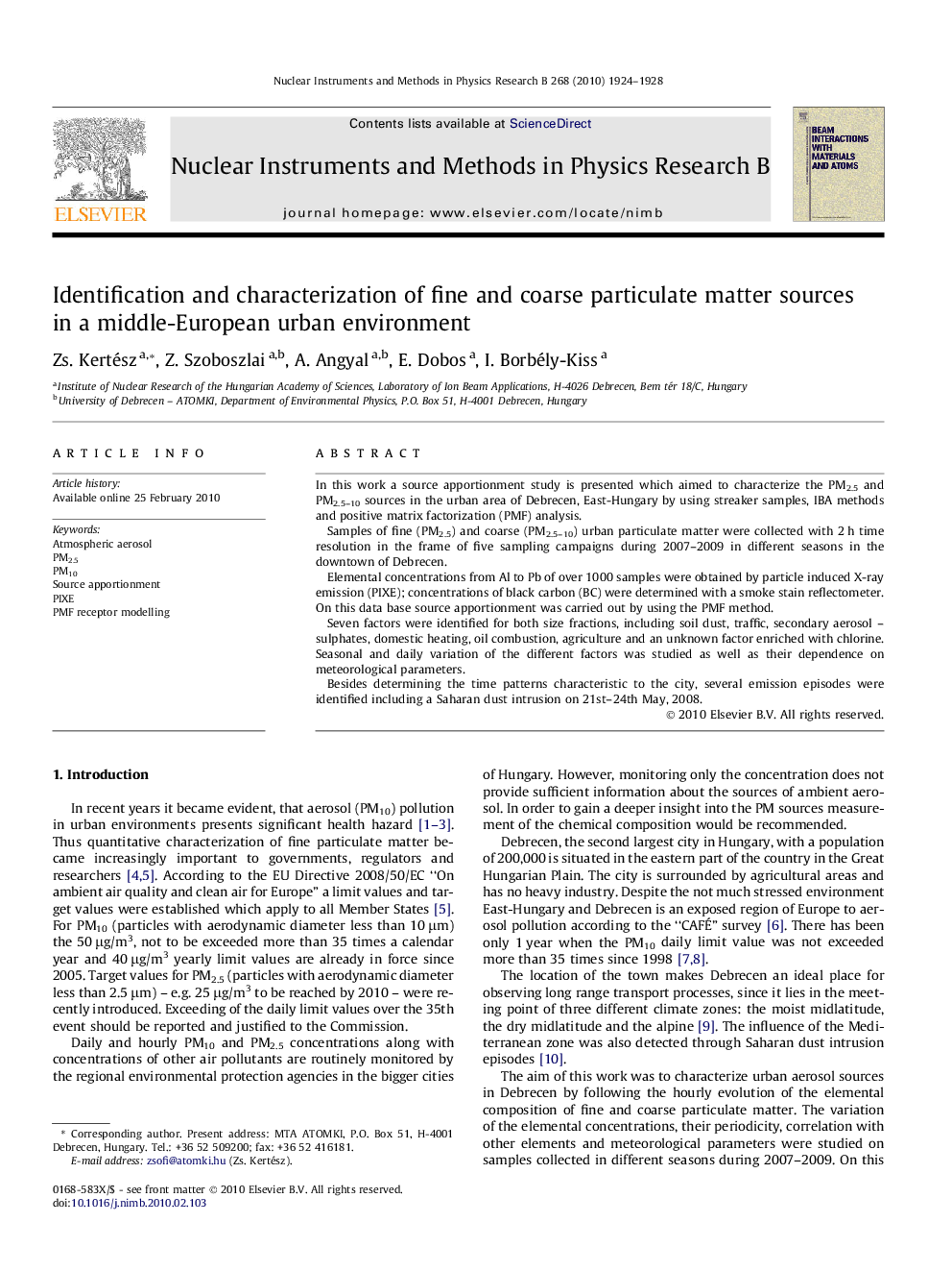 عکس صفحه اول مقاله: Identification and characterization of fine and coarse particulate matter sources in a middle-European urban environment Identification and characterization of fine and coarse particulate matter sources in a middle-European urban environment