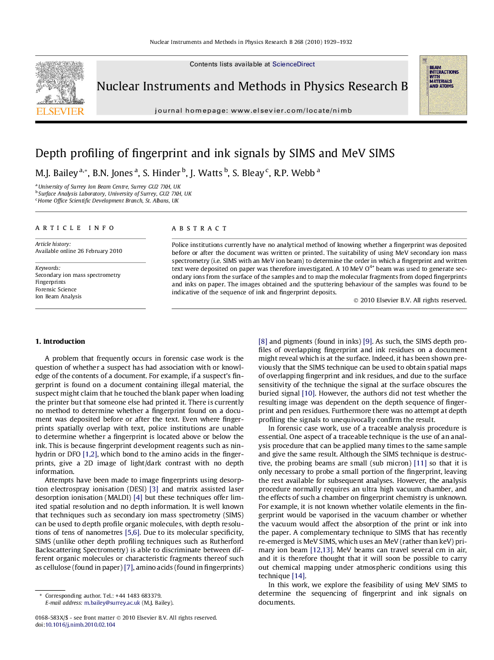 Depth profiling of fingerprint and ink signals by SIMS and MeV SIMS