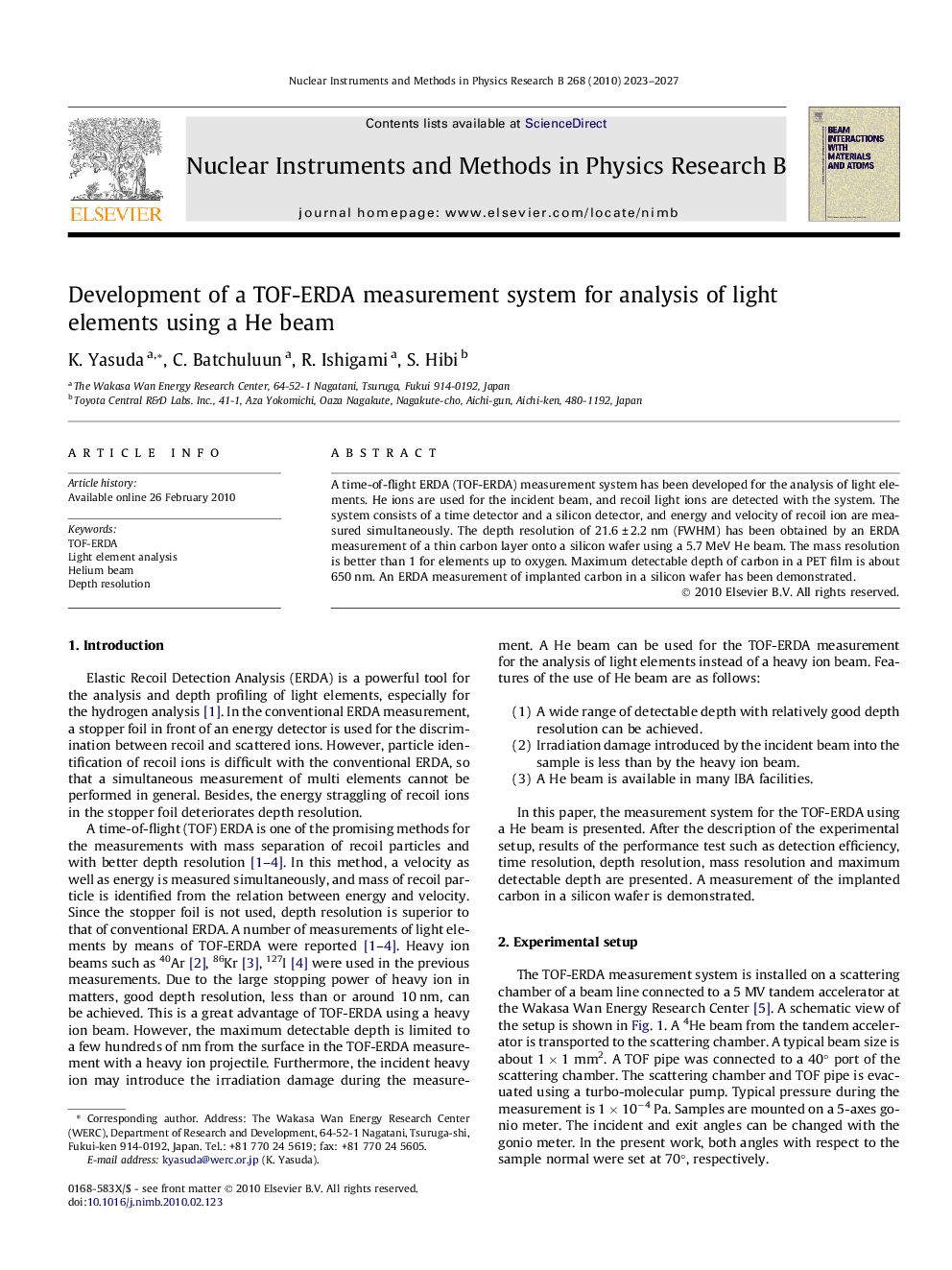 Development of a TOF-ERDA measurement system for analysis of light elements using a He beam