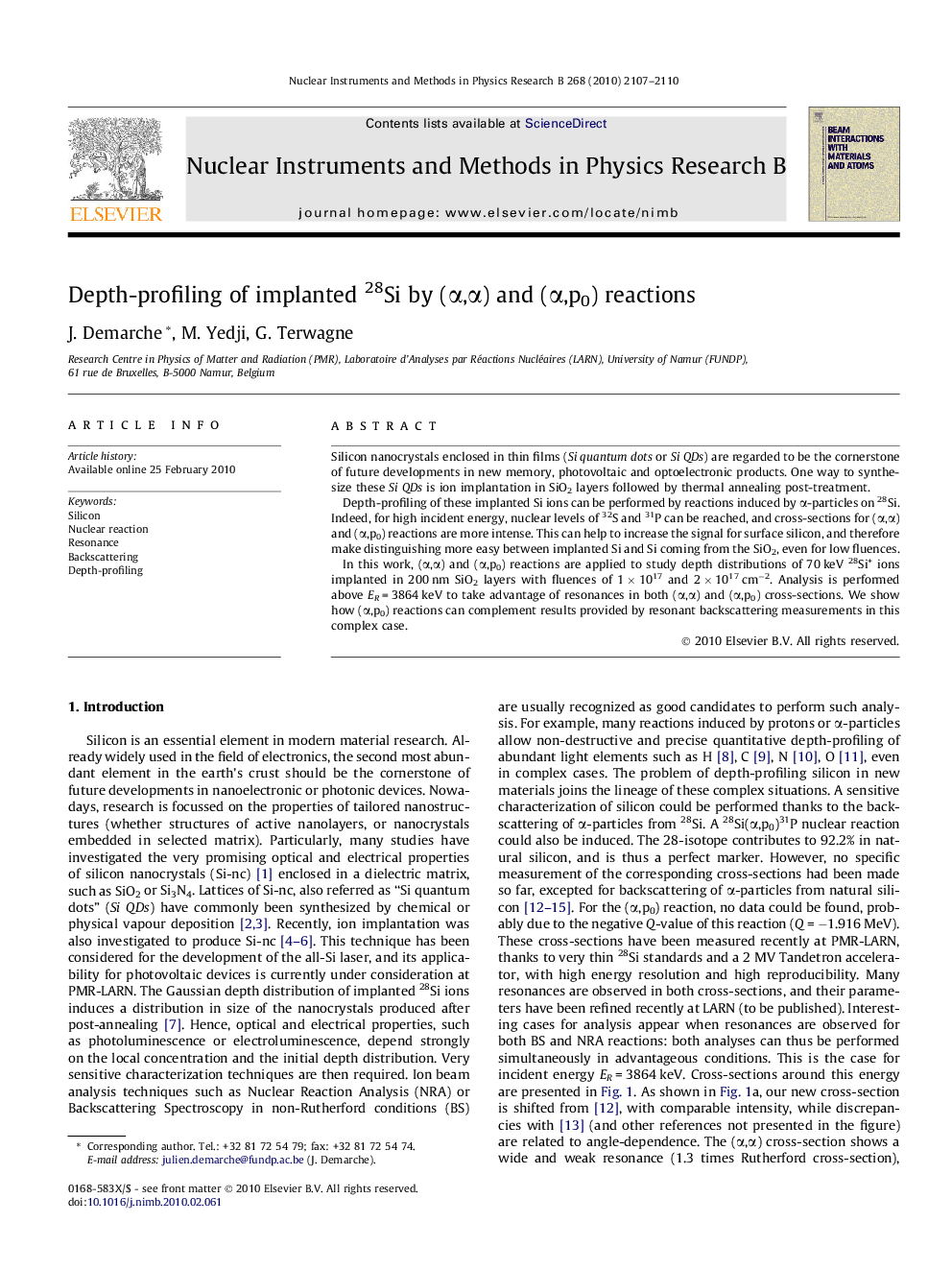 Depth-profiling of implanted 28Si by (Î±,Î±) and (Î±,p0) reactions