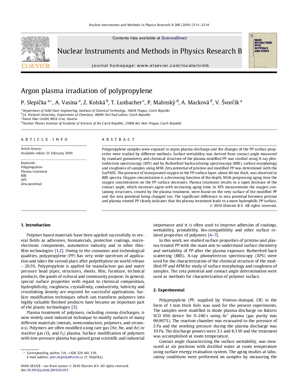 Argon plasma irradiation of polypropylene