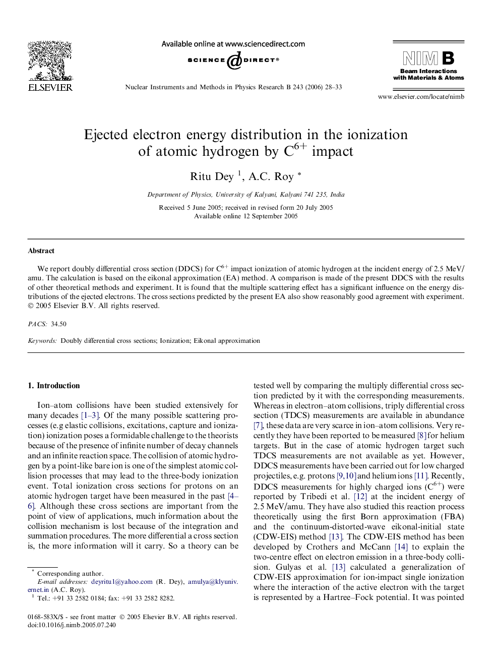 Ejected electron energy distribution in the ionization of atomic hydrogen by C6+ impact