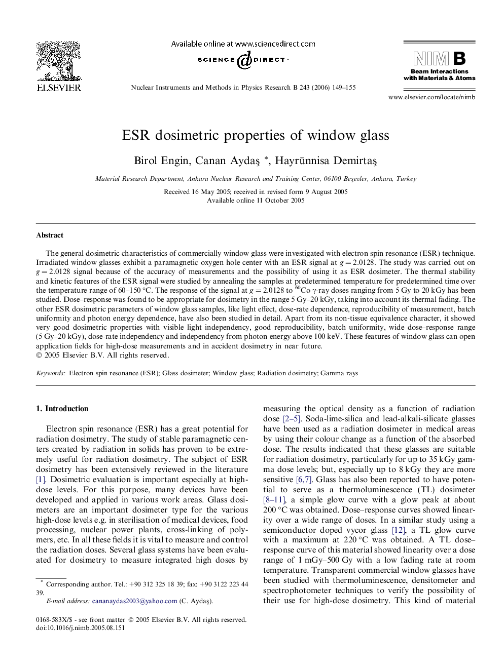 ESR dosimetric properties of window glass