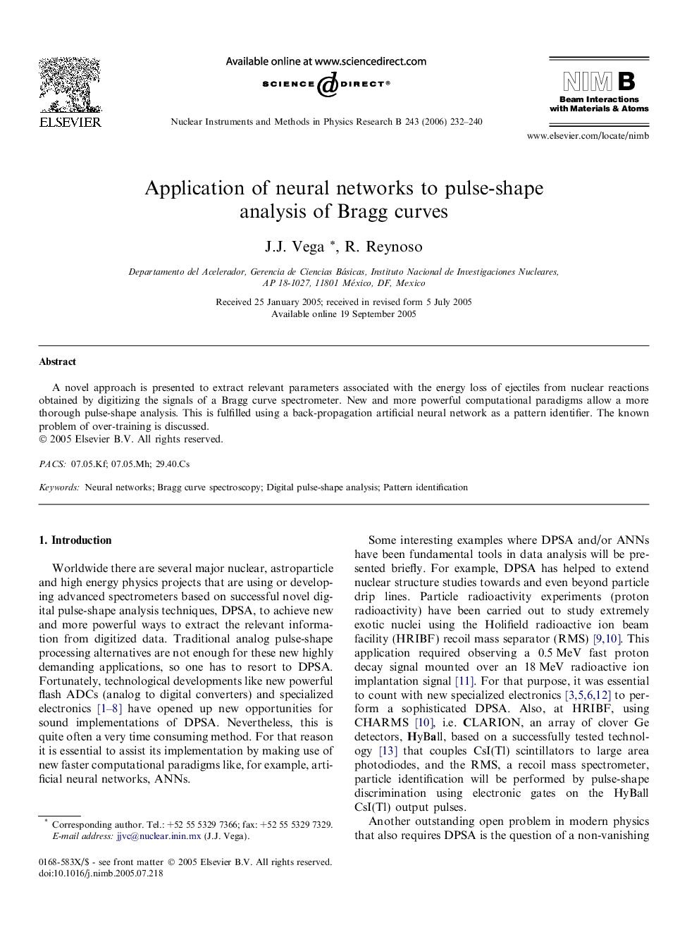 Application of neural networks to pulse-shape analysis of Bragg curves