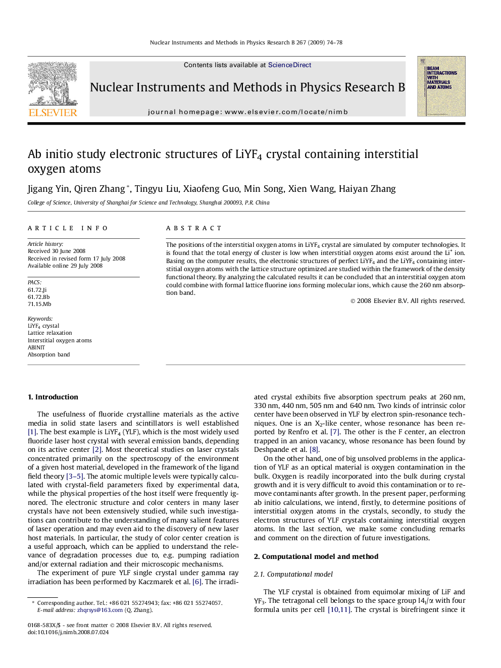 Ab initio study electronic structures of LiYF4 crystal containing interstitial oxygen atoms