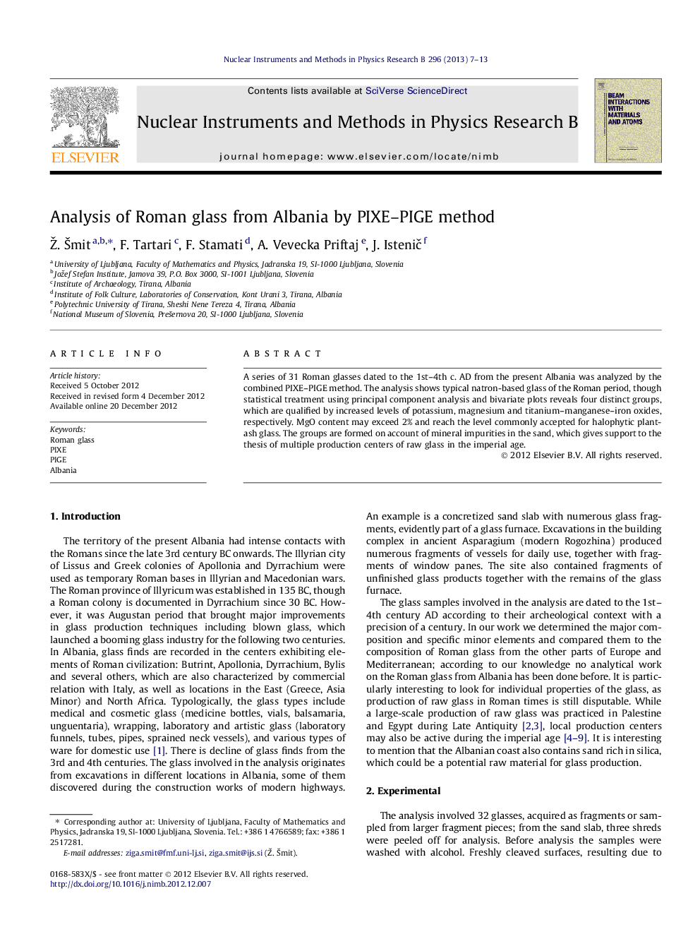 Analysis of Roman glass from Albania by PIXE–PIGE method