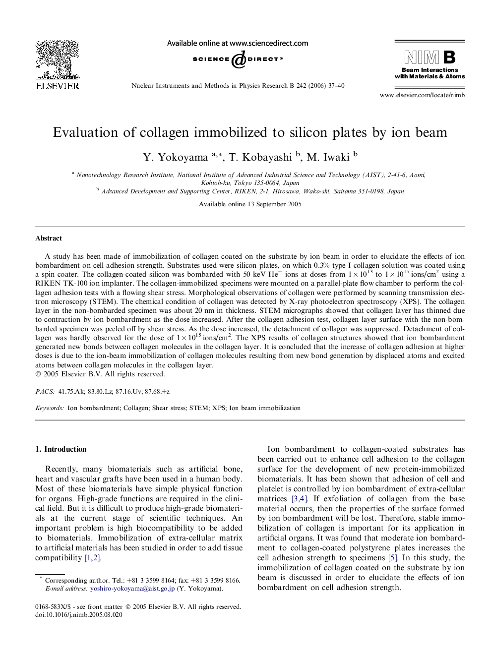 Evaluation of collagen immobilized to silicon plates by ion beam