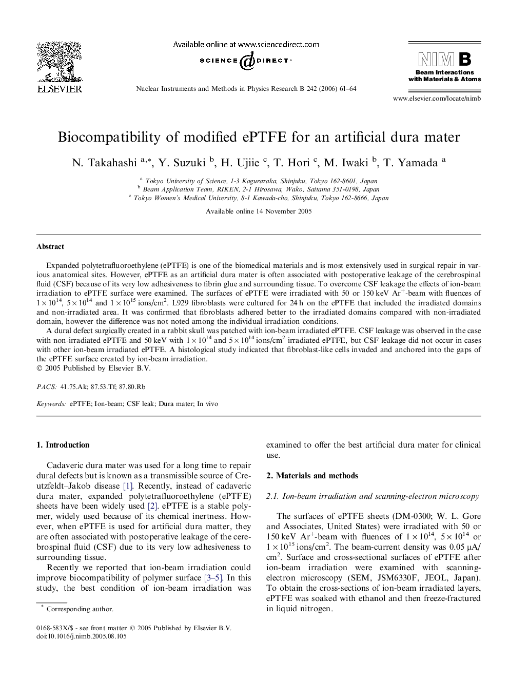 Biocompatibility of modified ePTFE for an artificial dura mater