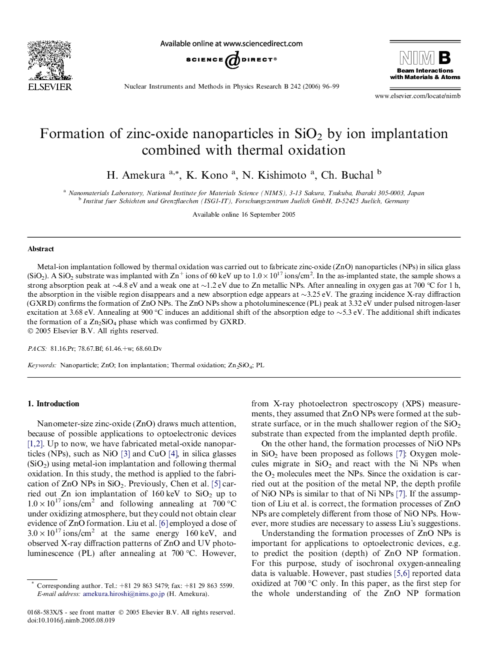 Formation of zinc-oxide nanoparticles in SiO2 by ion implantation combined with thermal oxidation