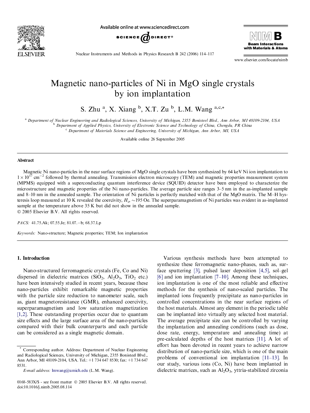 Magnetic nano-particles of Ni in MgO single crystals by ion implantation