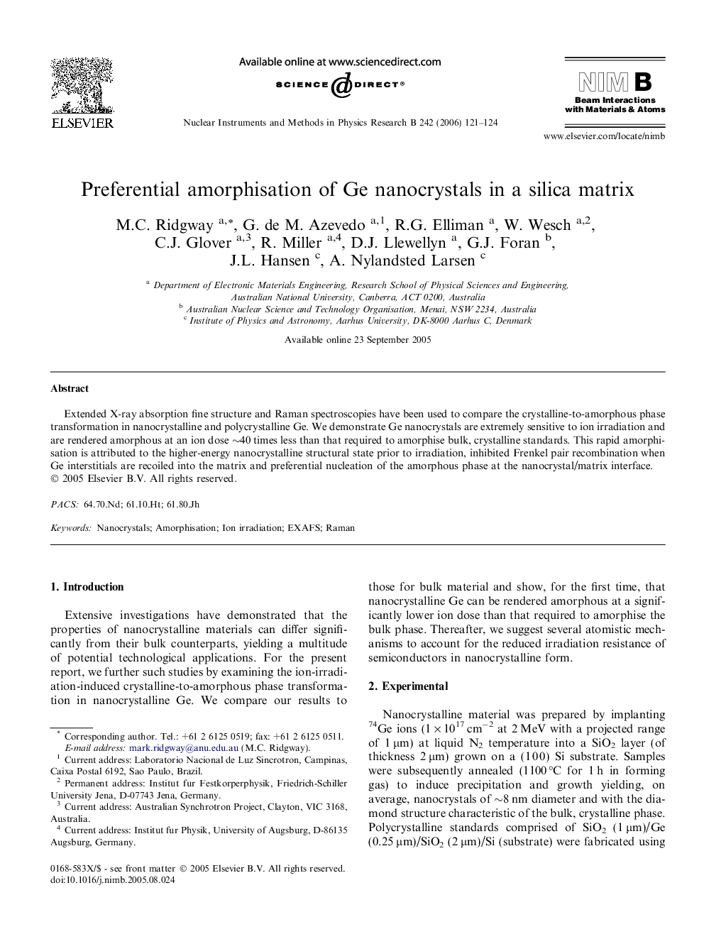 Preferential amorphisation of Ge nanocrystals in a silica matrix