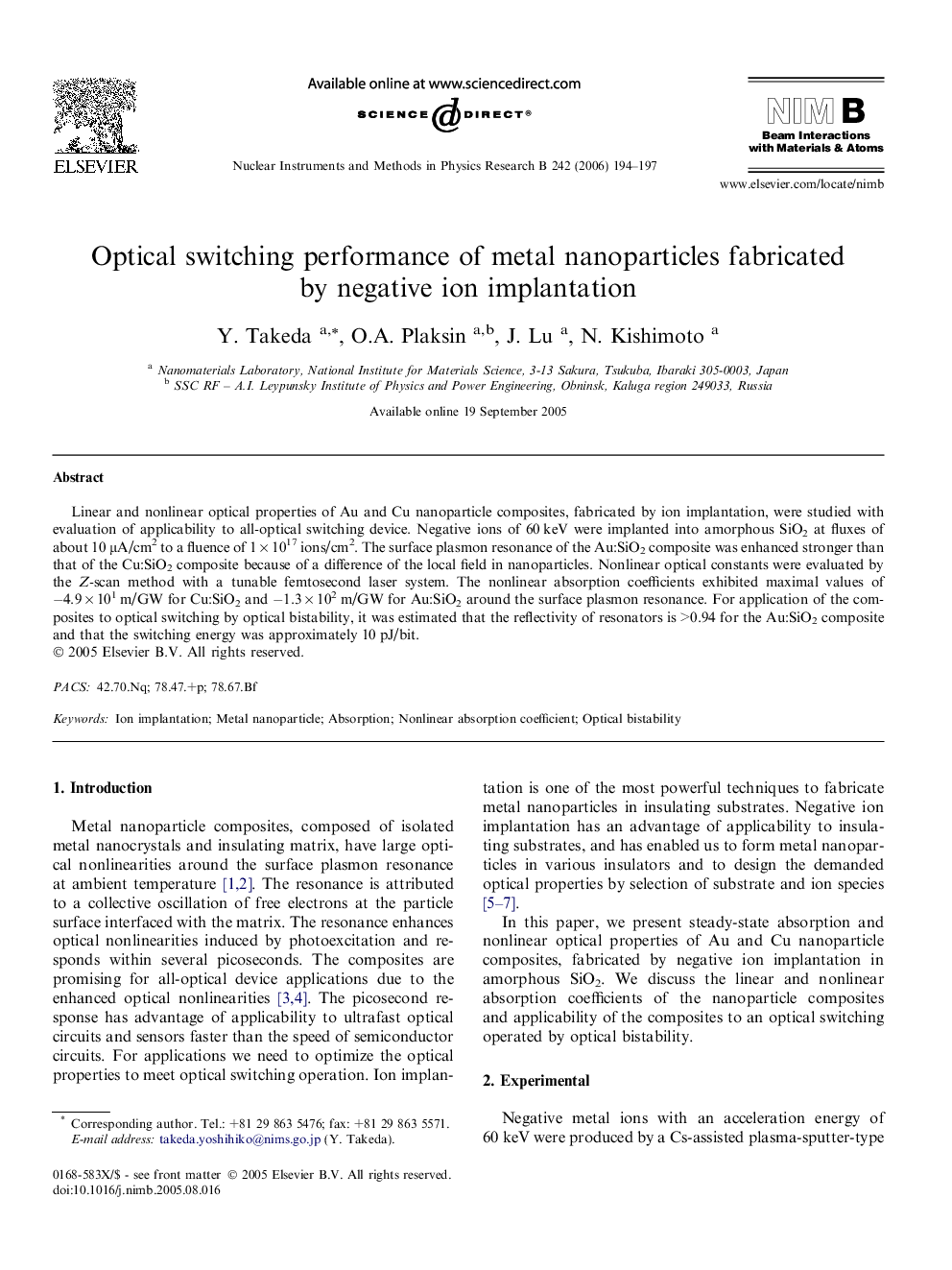 Optical switching performance of metal nanoparticles fabricated by negative ion implantation