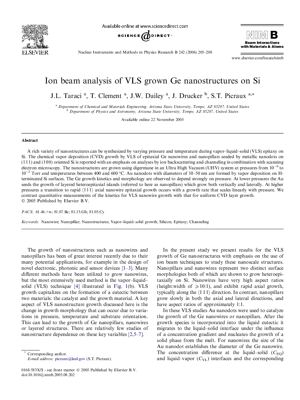 Ion beam analysis of VLS grown Ge nanostructures on Si