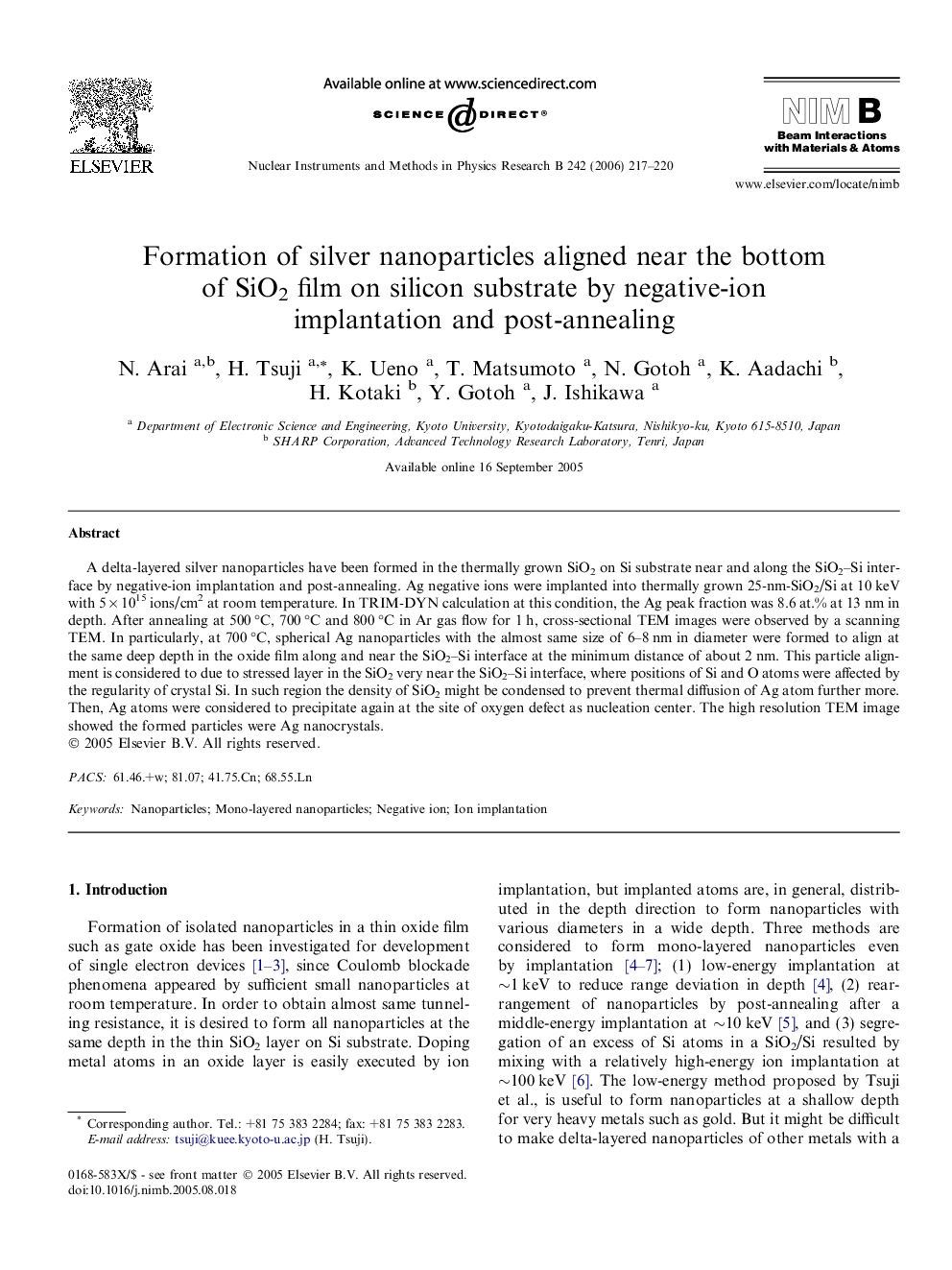 Formation of silver nanoparticles aligned near the bottom of SiO2 film on silicon substrate by negative-ion implantation and post-annealing