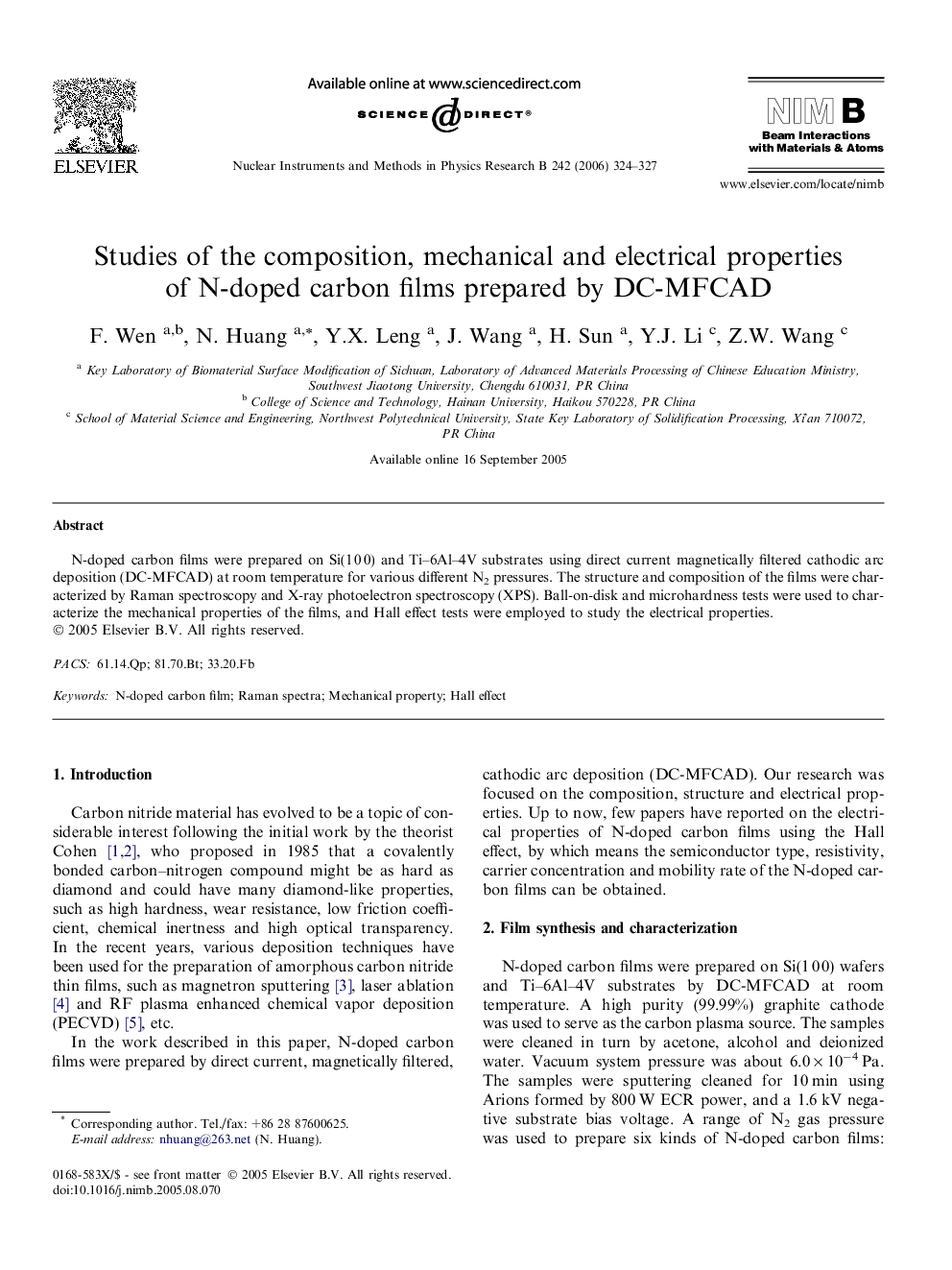 Studies of the composition, mechanical and electrical properties of N-doped carbon films prepared by DC-MFCAD