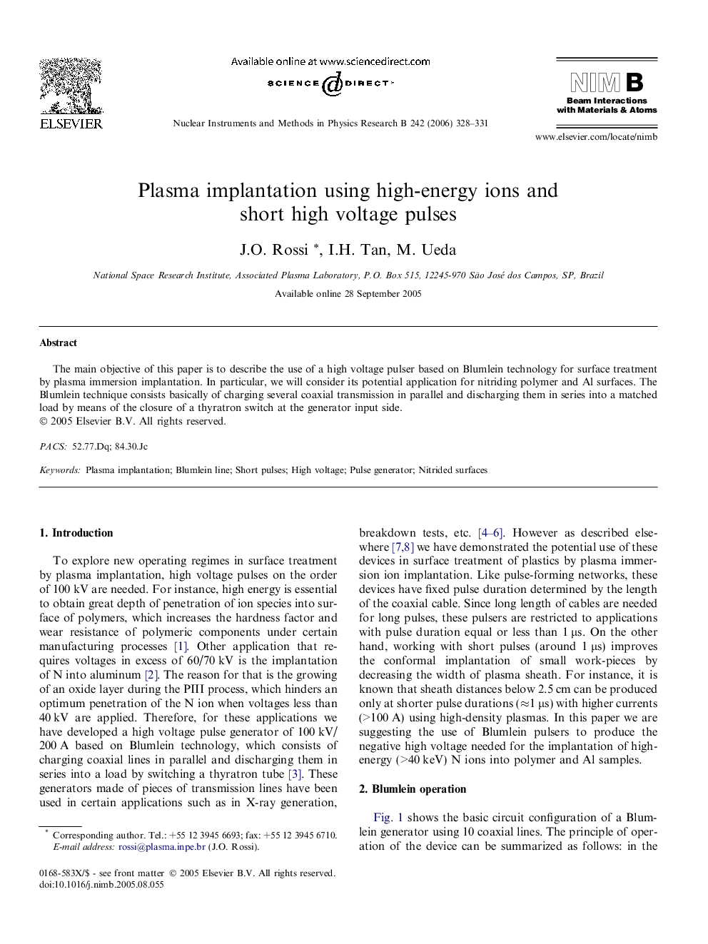 Plasma implantation using high-energy ions and short high voltage pulses