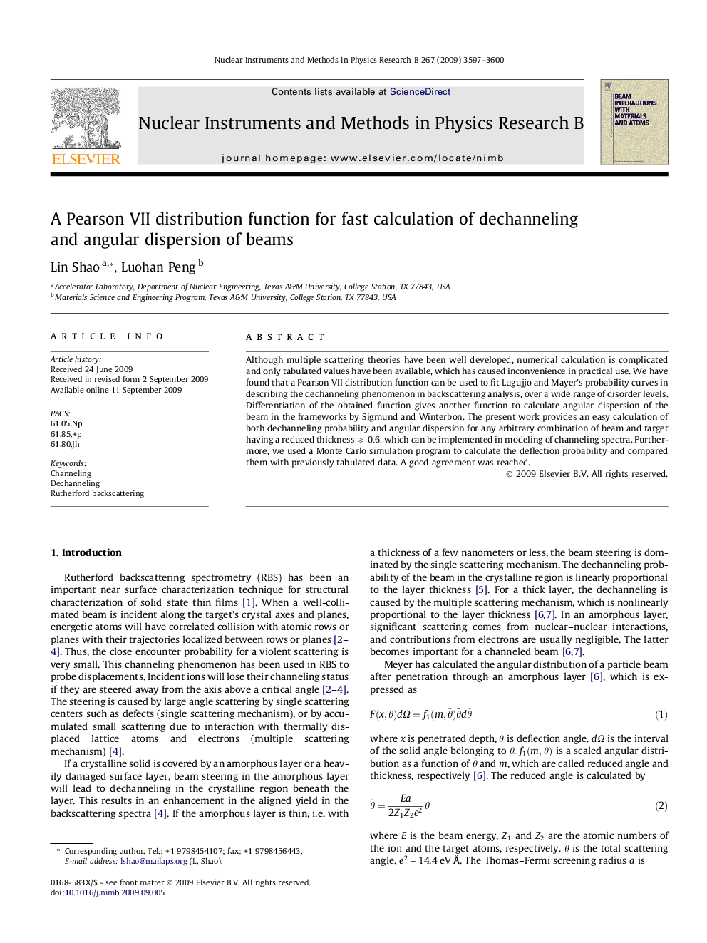 A Pearson VII distribution function for fast calculation of dechanneling and angular dispersion of beams