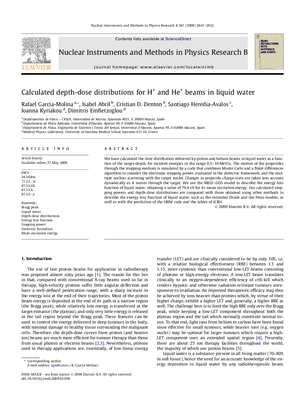 Calculated depth-dose distributions for H+ and He+ beams in liquid water