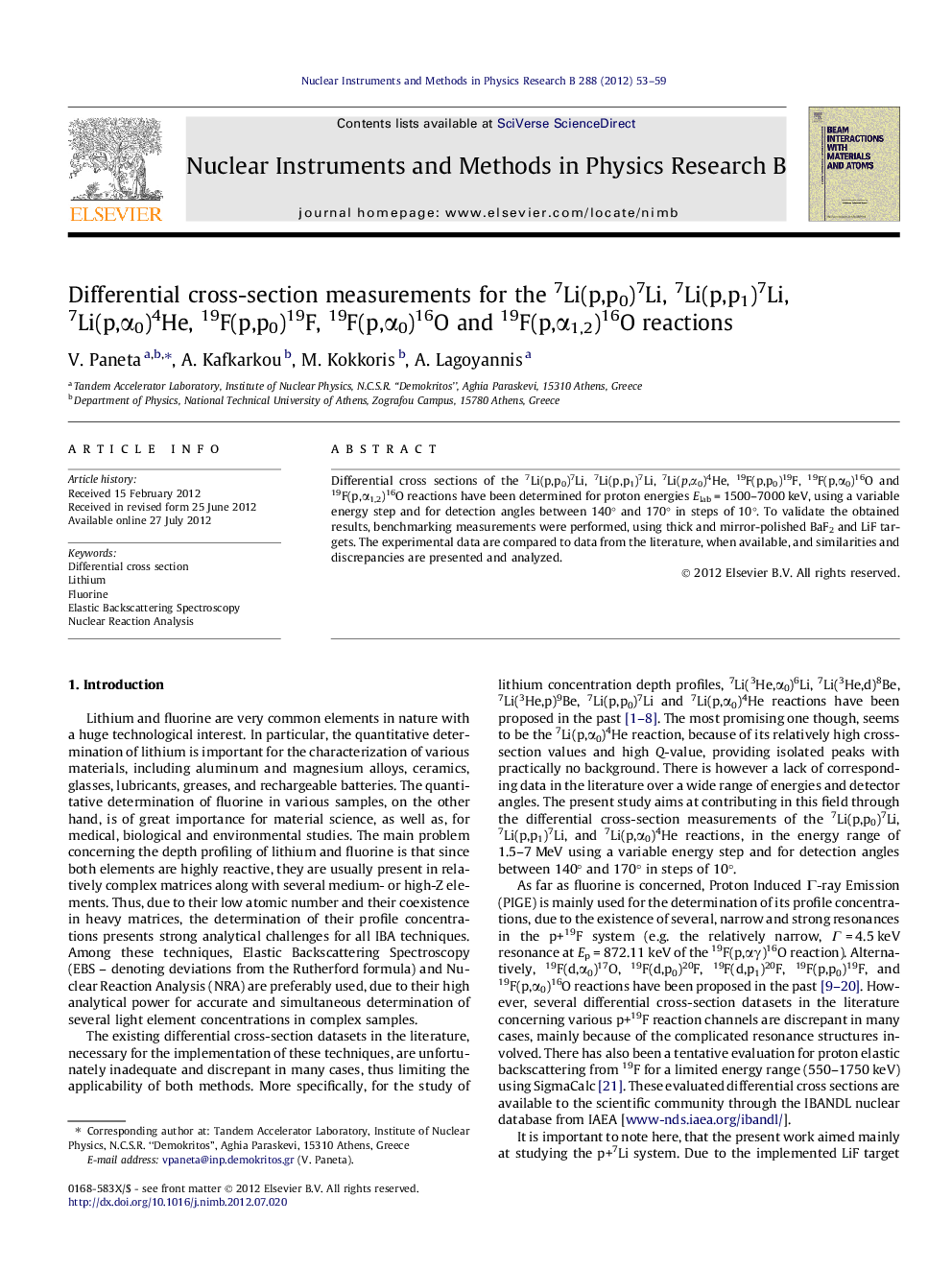 Differential cross-section measurements for the 7Li(p,p0)7Li, 7Li(p,p1)7Li, 7Li(p,Î±0)4He, 19F(p,p0)19F, 19F(p,Î±0)16O and 19F(p,Î±1,2)16O reactions