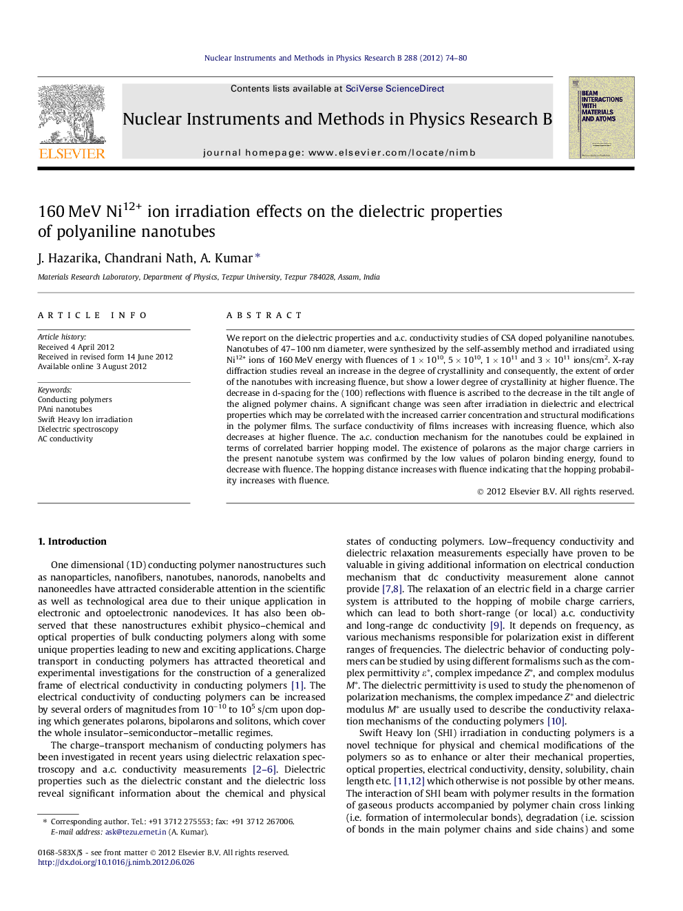 عکس صفحه اول مقاله: 160Â MeV Ni12+ ion irradiation effects on the dielectric properties of polyaniline nanotubes 160Â MeV Ni12+ ion irradiation effects on the dielectric properties of polyaniline nanotubes