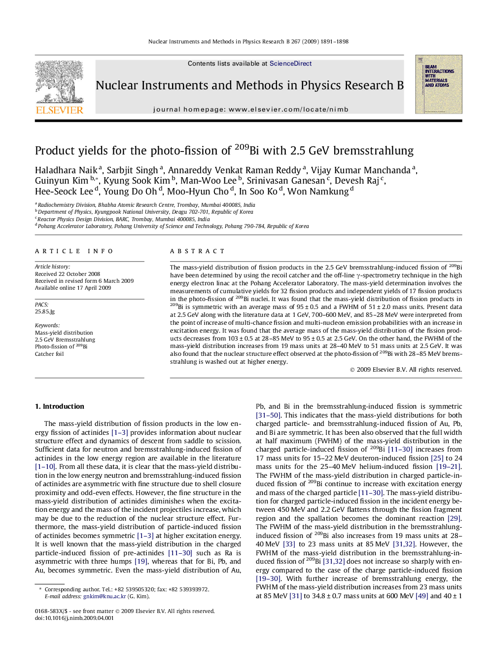 Product yields for the photo-fission of 209Bi with 2.5 GeV bremsstrahlung