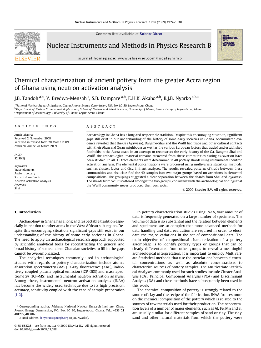 Chemical characterization of ancient pottery from the greater Accra region of Ghana using neutron activation analysis