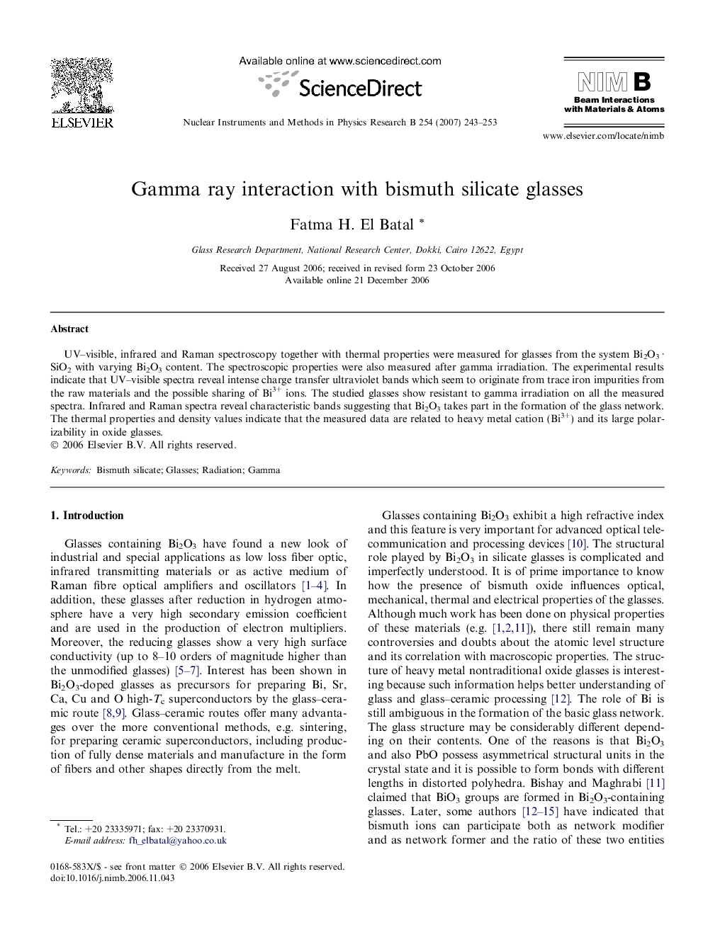 عکس صفحه اول مقاله: Gamma ray interaction with bismuth silicate glasses Gamma ray interaction with bismuth silicate glasses