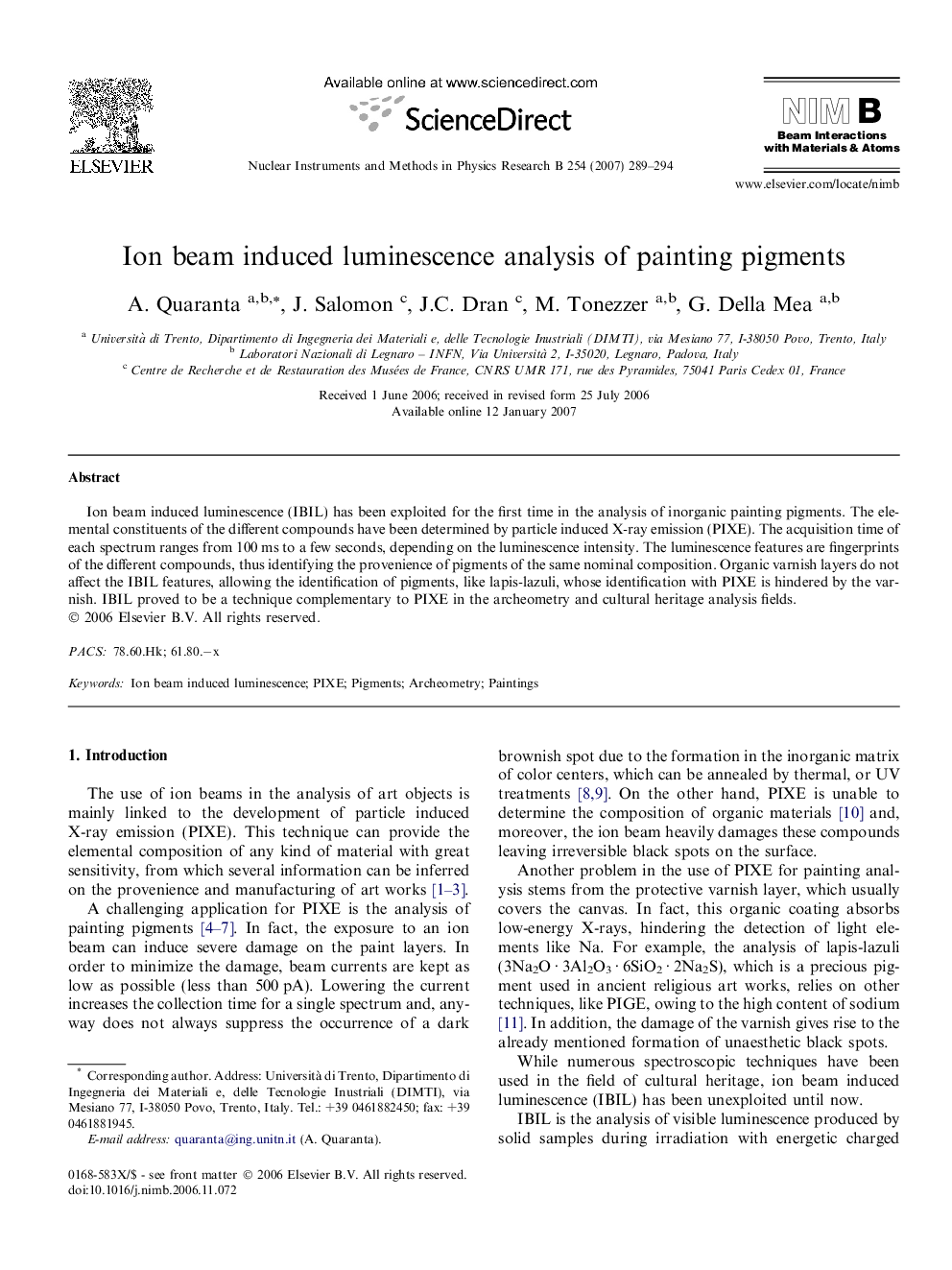 Ion beam induced luminescence analysis of painting pigments