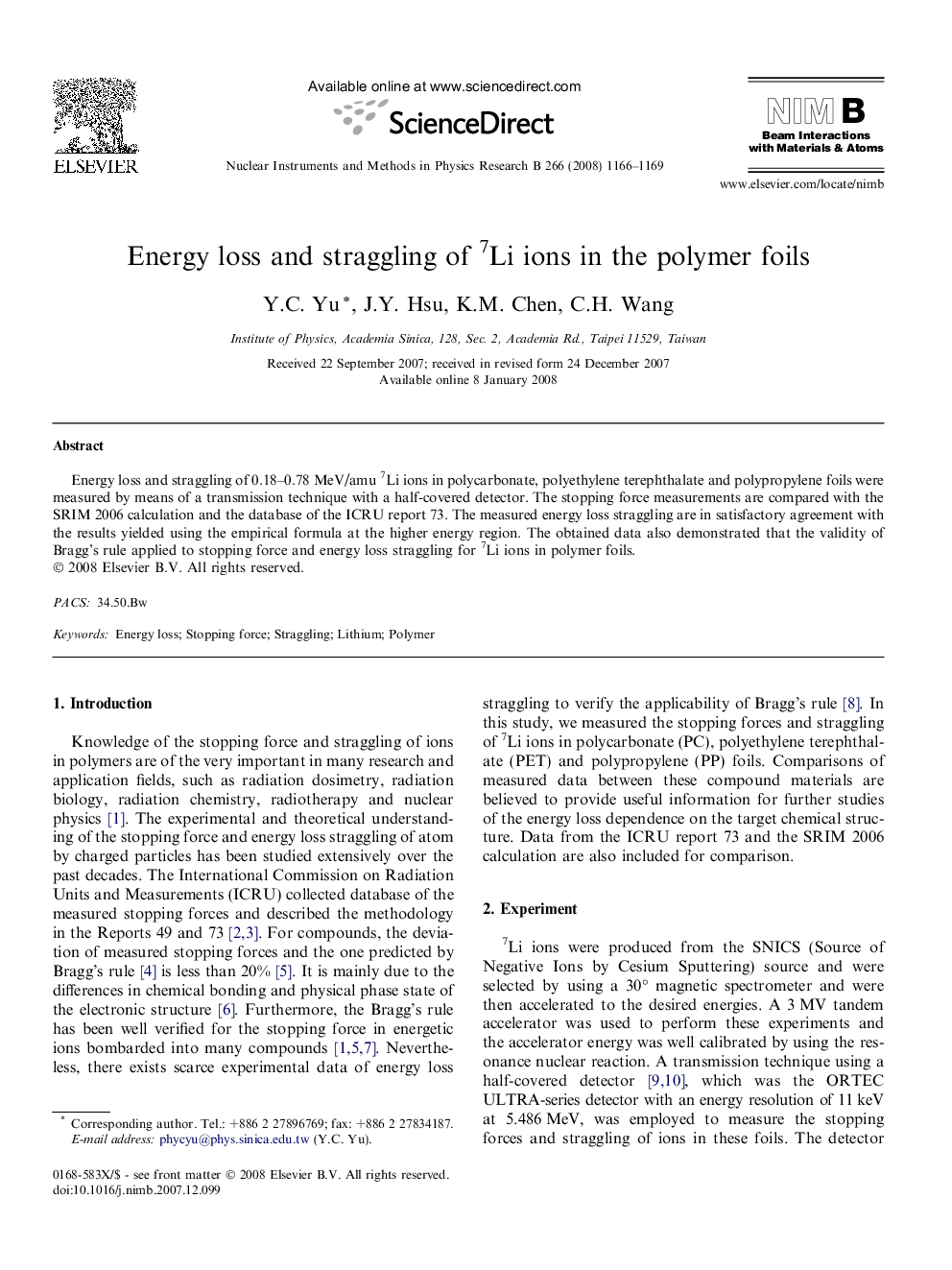 Energy loss and straggling of 7Li ions in the polymer foils