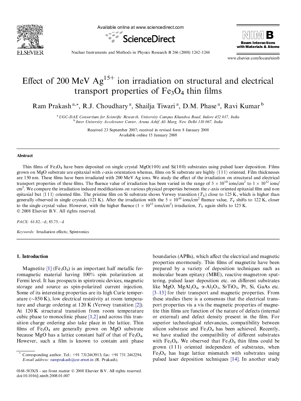 Effect of 200Â MeV Ag15+ ion irradiation on structural and electrical transport properties of Fe3O4 thin films