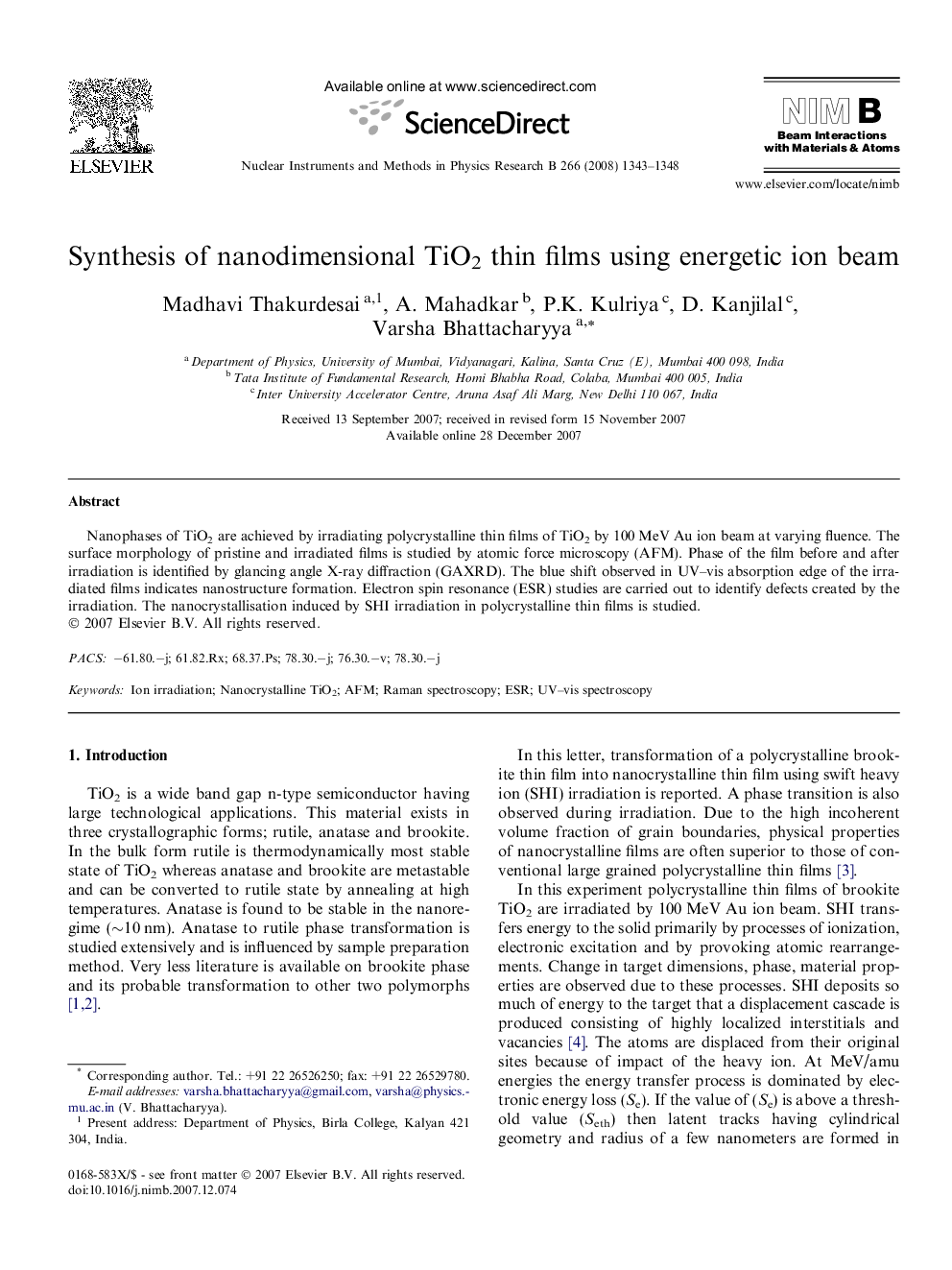 Synthesis of nanodimensional TiO2 thin films using energetic ion beam