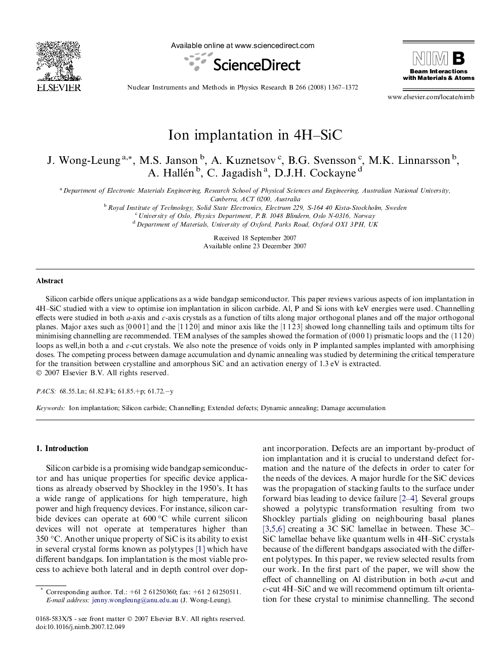 Ion implantation in 4H–SiC