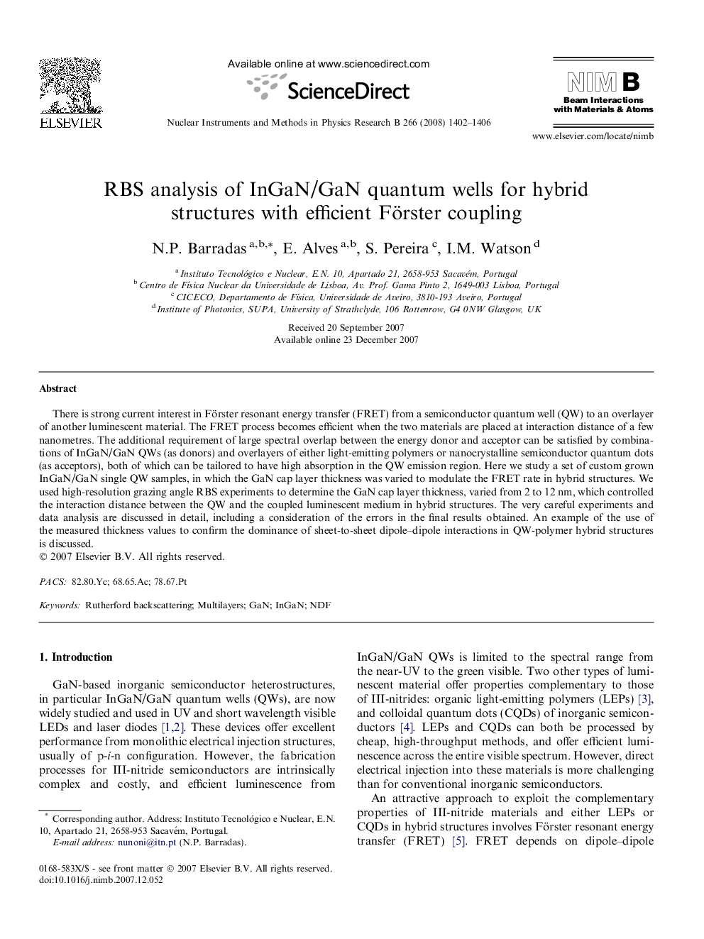 RBS analysis of InGaN/GaN quantum wells for hybrid structures with efficient Förster coupling