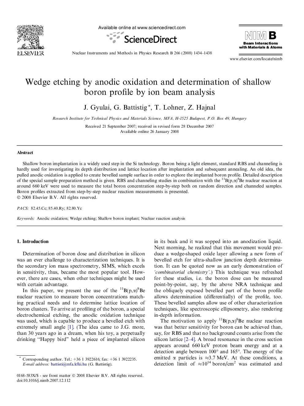 Wedge etching by anodic oxidation and determination of shallow boron profile by ion beam analysis