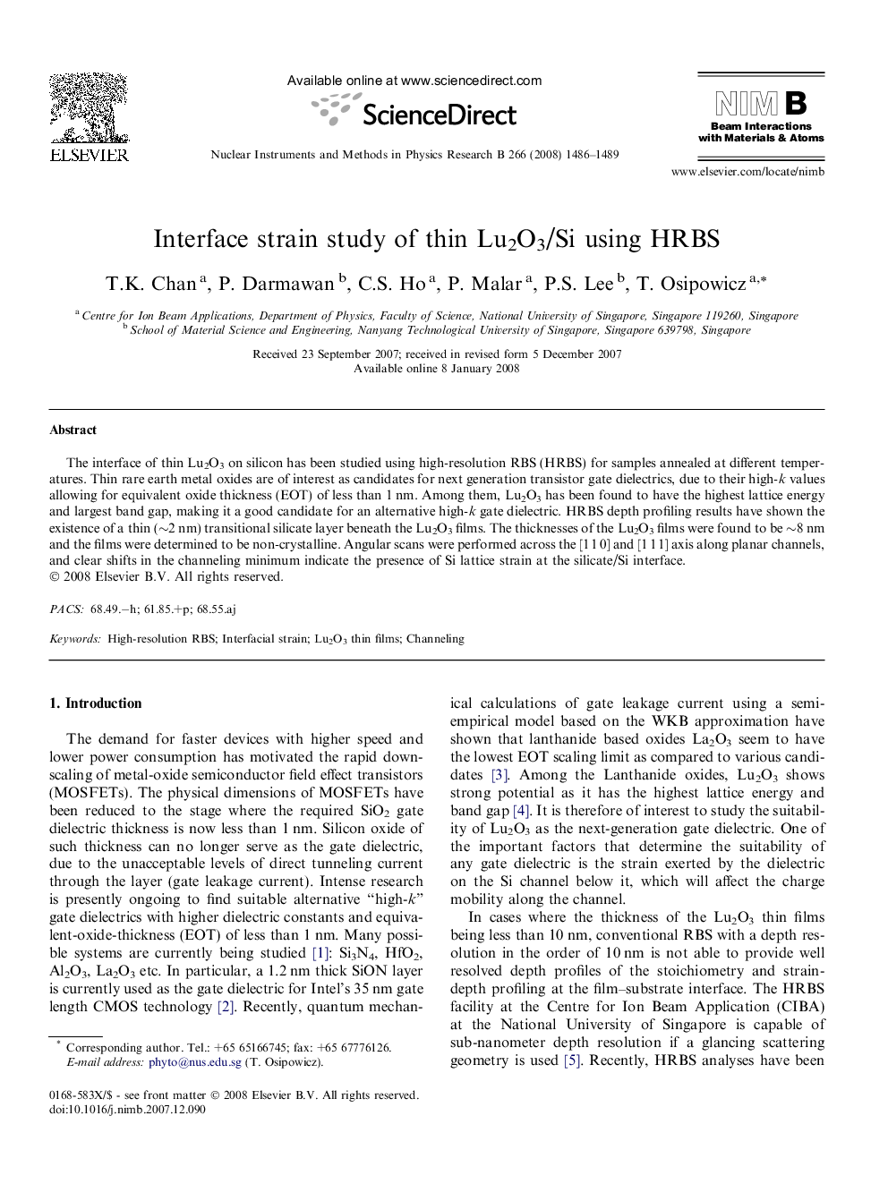 Interface strain study of thin Lu2O3/Si using HRBS