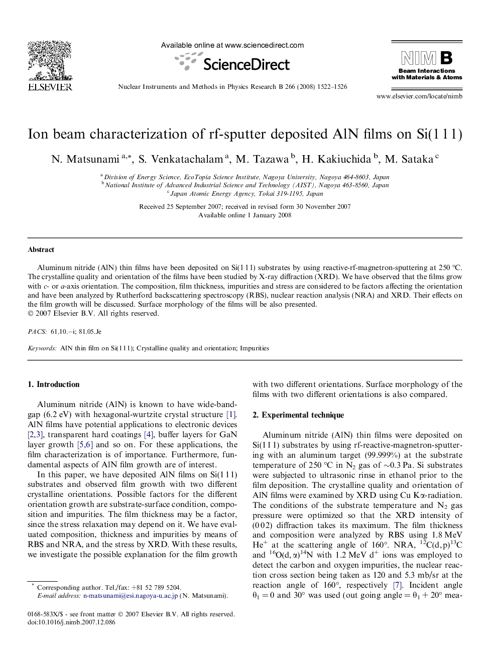 Ion beam characterization of rf-sputter deposited AlN films on Si(1 1 1)