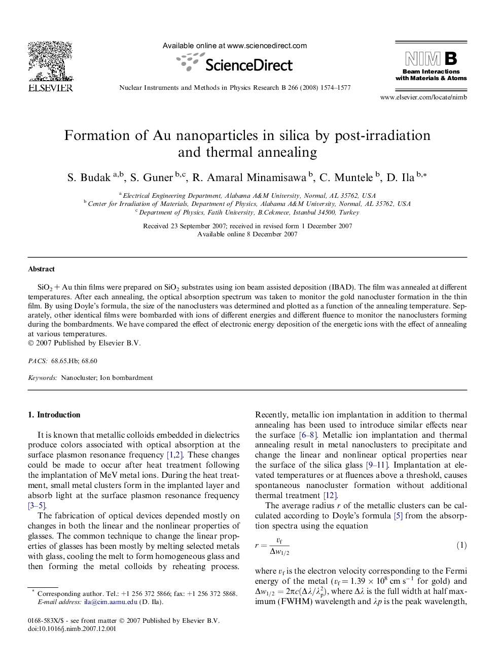 عکس صفحه اول مقاله: Formation of Au nanoparticles in silica by post-irradiation and thermal annealing Formation of Au nanoparticles in silica by post-irradiation and thermal annealing
