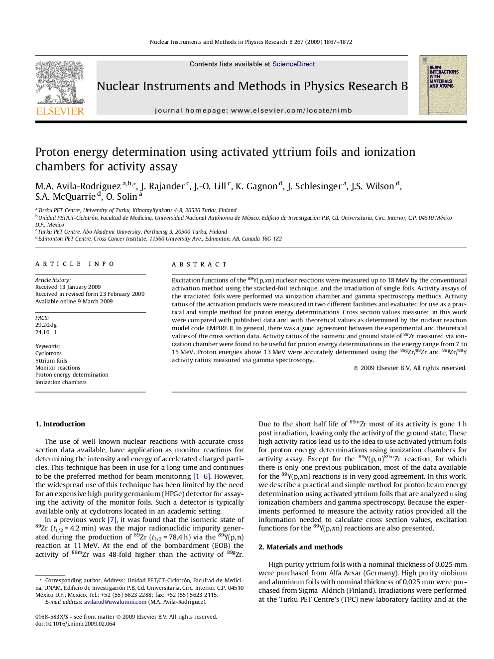 Proton energy determination using activated yttrium foils and ionization chambers for activity assay