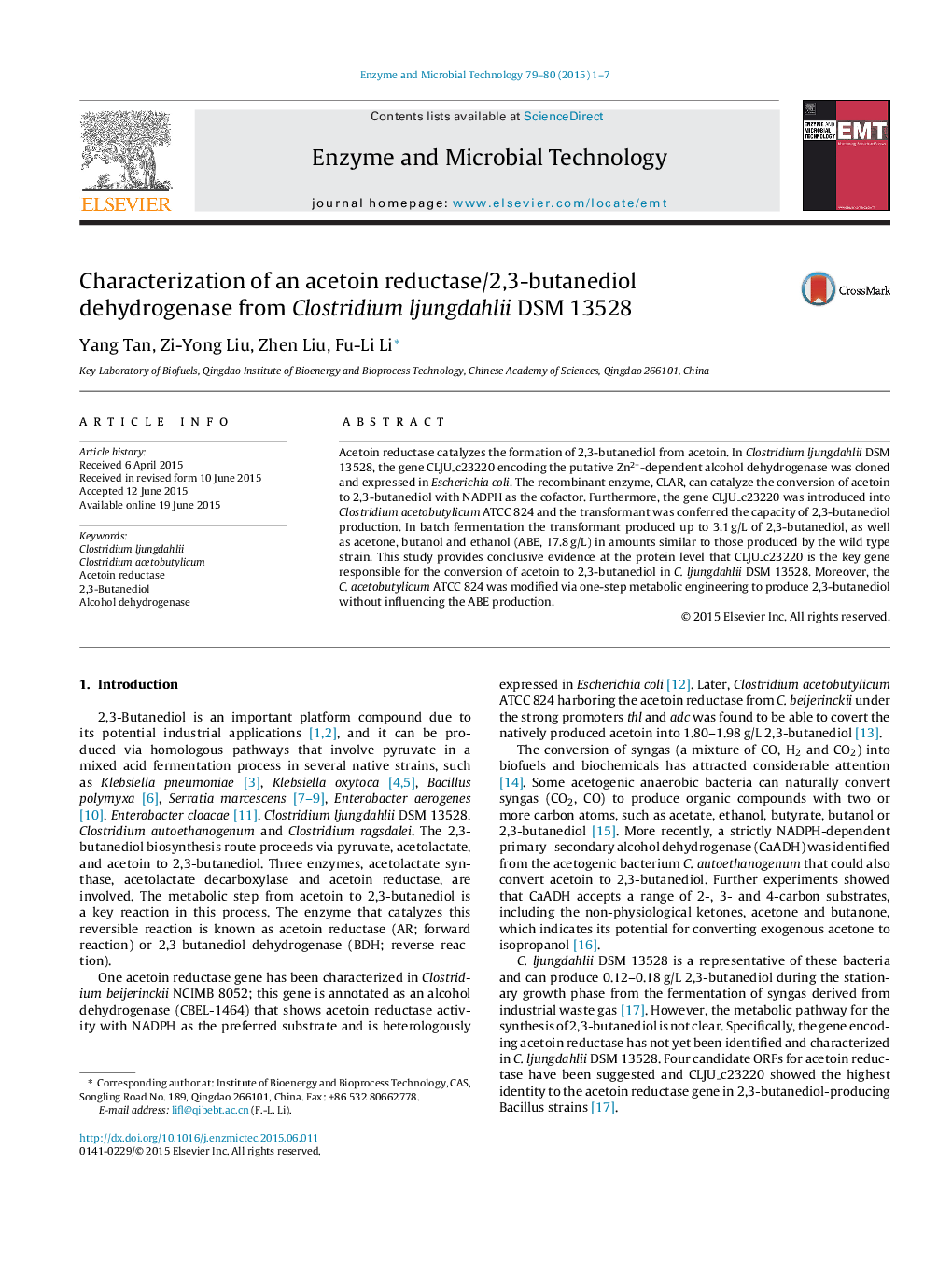 Characterization of an acetoin reductase/2,3-butanediol dehydrogenase from Clostridium ljungdahlii DSM 13528