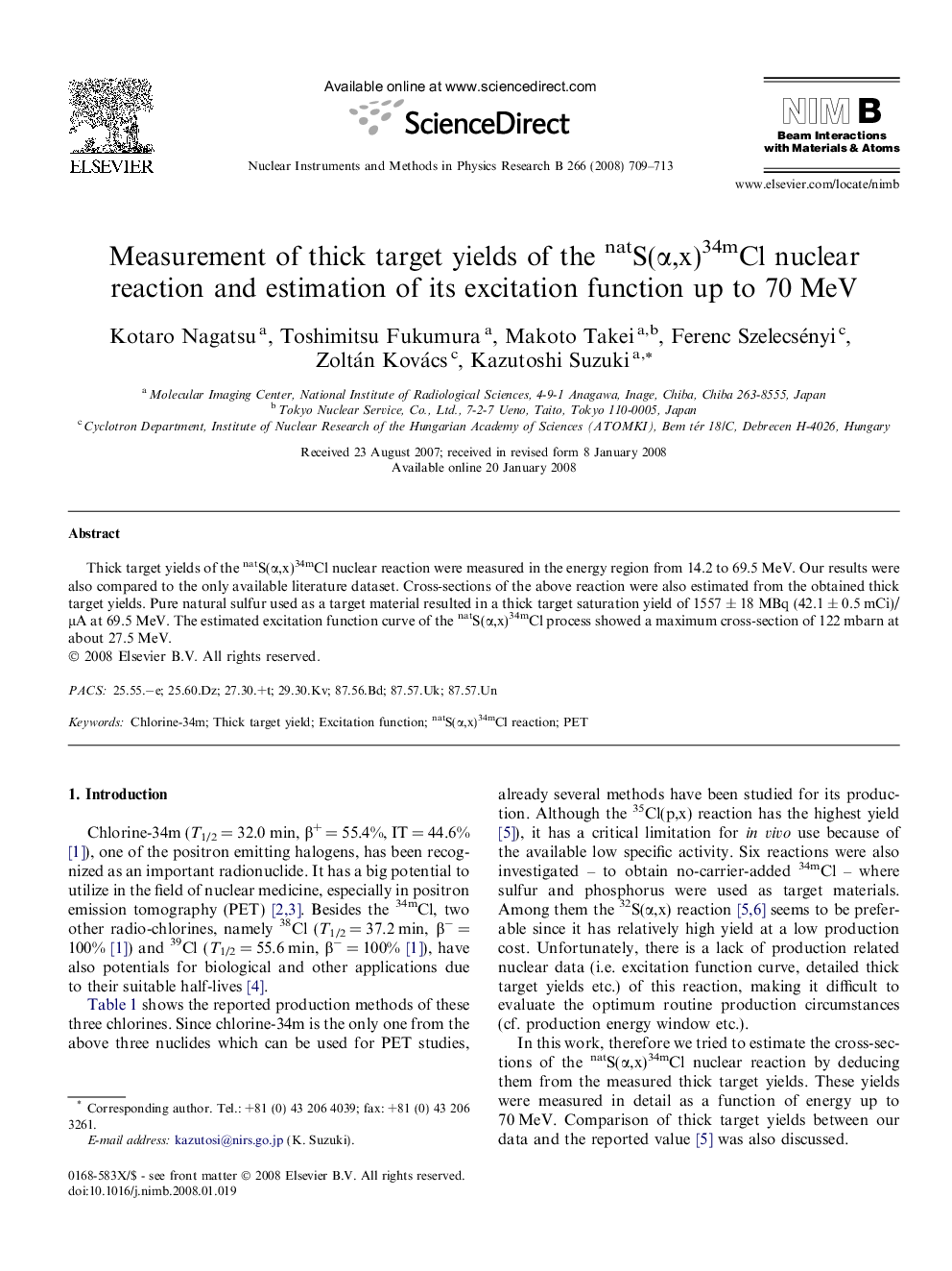 Measurement of thick target yields of the natS(α,x)34mCl nuclear reaction and estimation of its excitation function up to 70 MeV