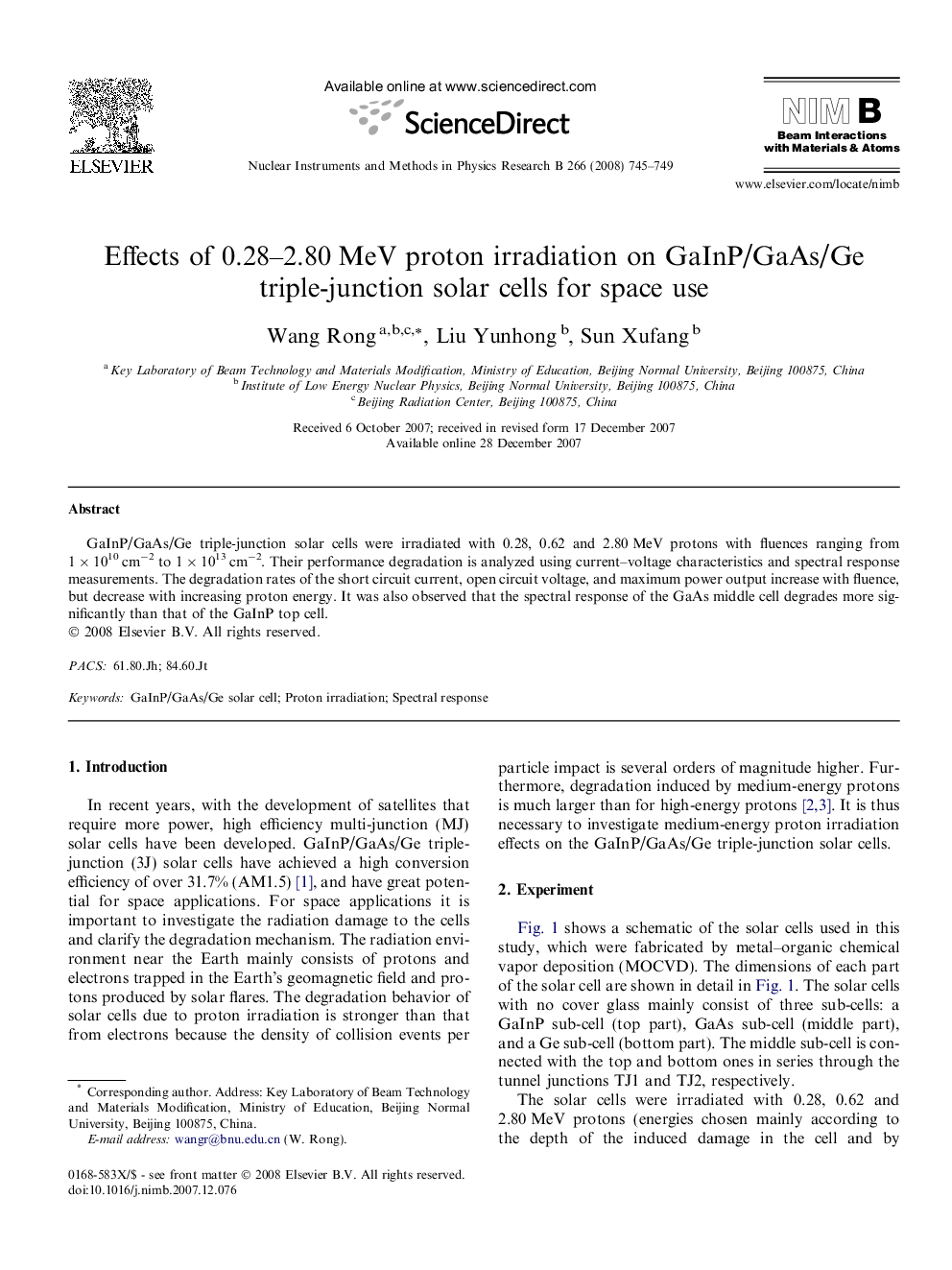 Effects of 0.28–2.80 MeV proton irradiation on GaInP/GaAs/Ge triple-junction solar cells for space use