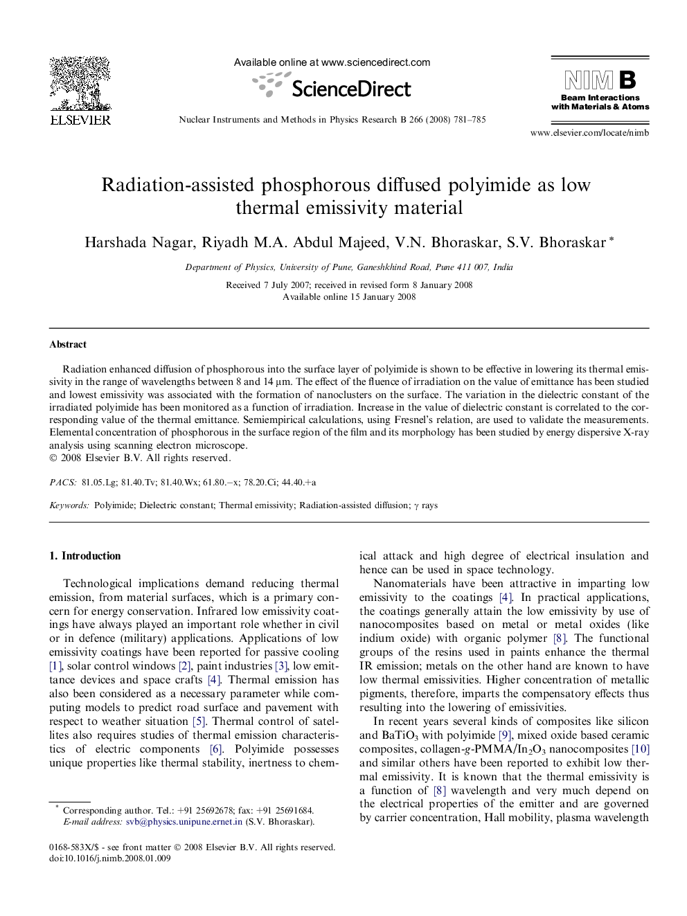 Radiation-assisted phosphorous diffused polyimide as low thermal emissivity material