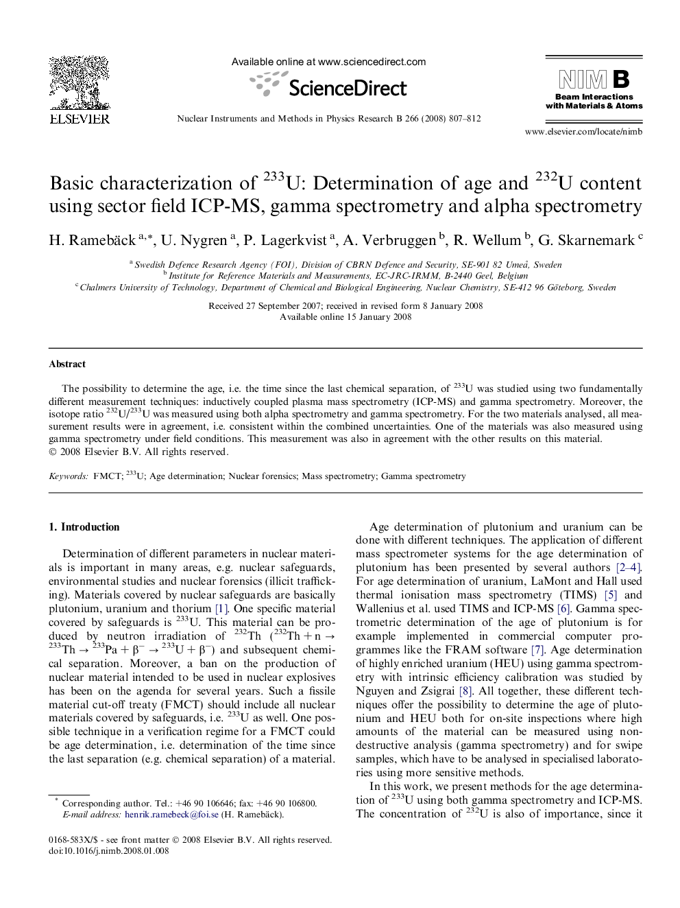 Basic characterization of 233U: Determination of age and 232U content using sector field ICP-MS, gamma spectrometry and alpha spectrometry