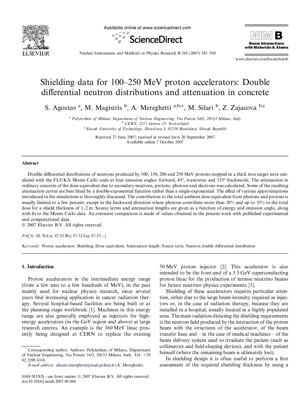 Shielding data for 100-250Â MeV proton accelerators: Double differential neutron distributions and attenuation in concrete