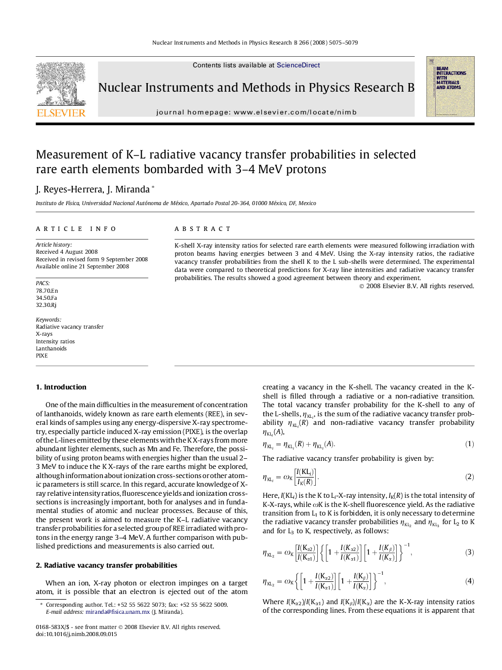 Measurement of K-L radiative vacancy transfer probabilities in selected rare earth elements bombarded with 3-4Â MeV protons