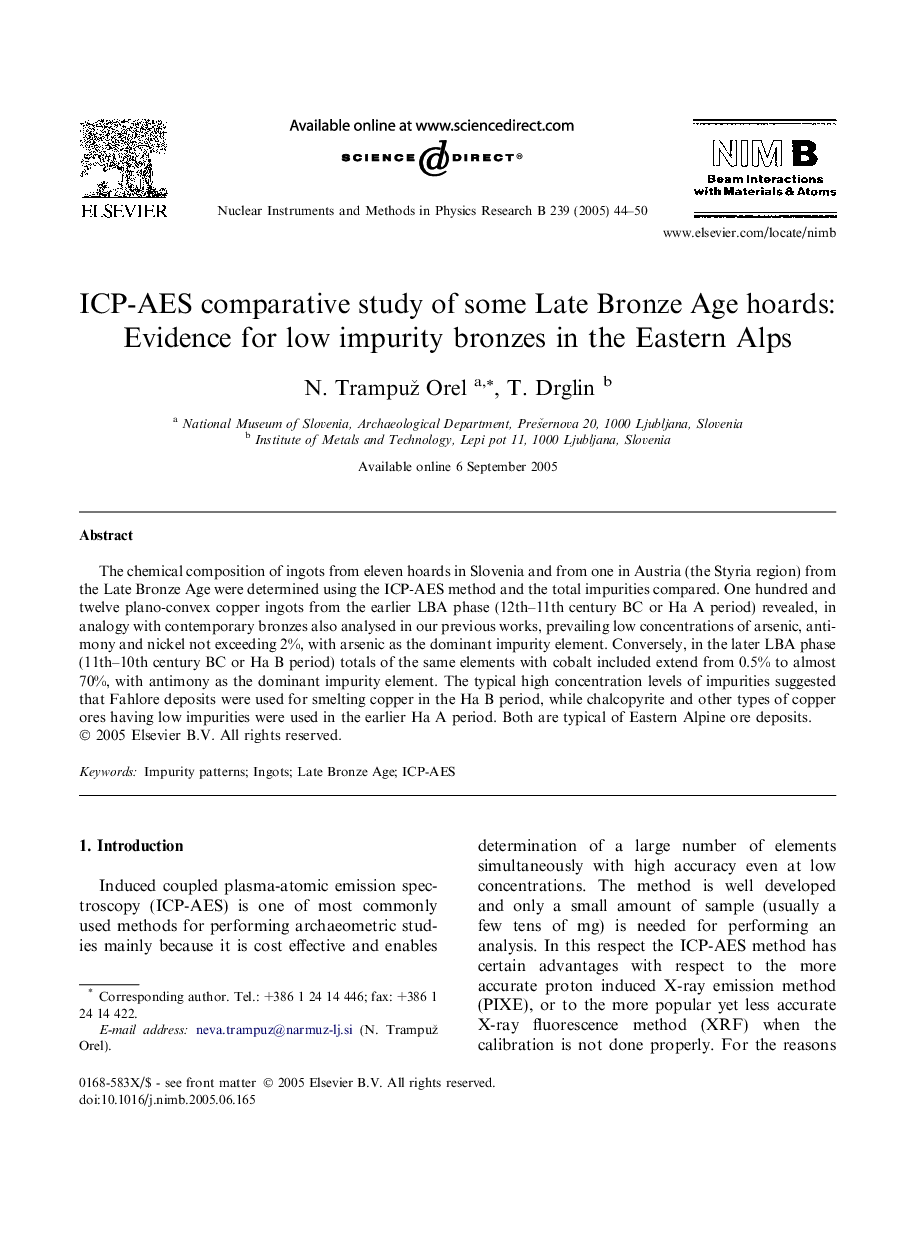 ICP-AES comparative study of some Late Bronze Age hoards: Evidence for low impurity bronzes in the Eastern Alps