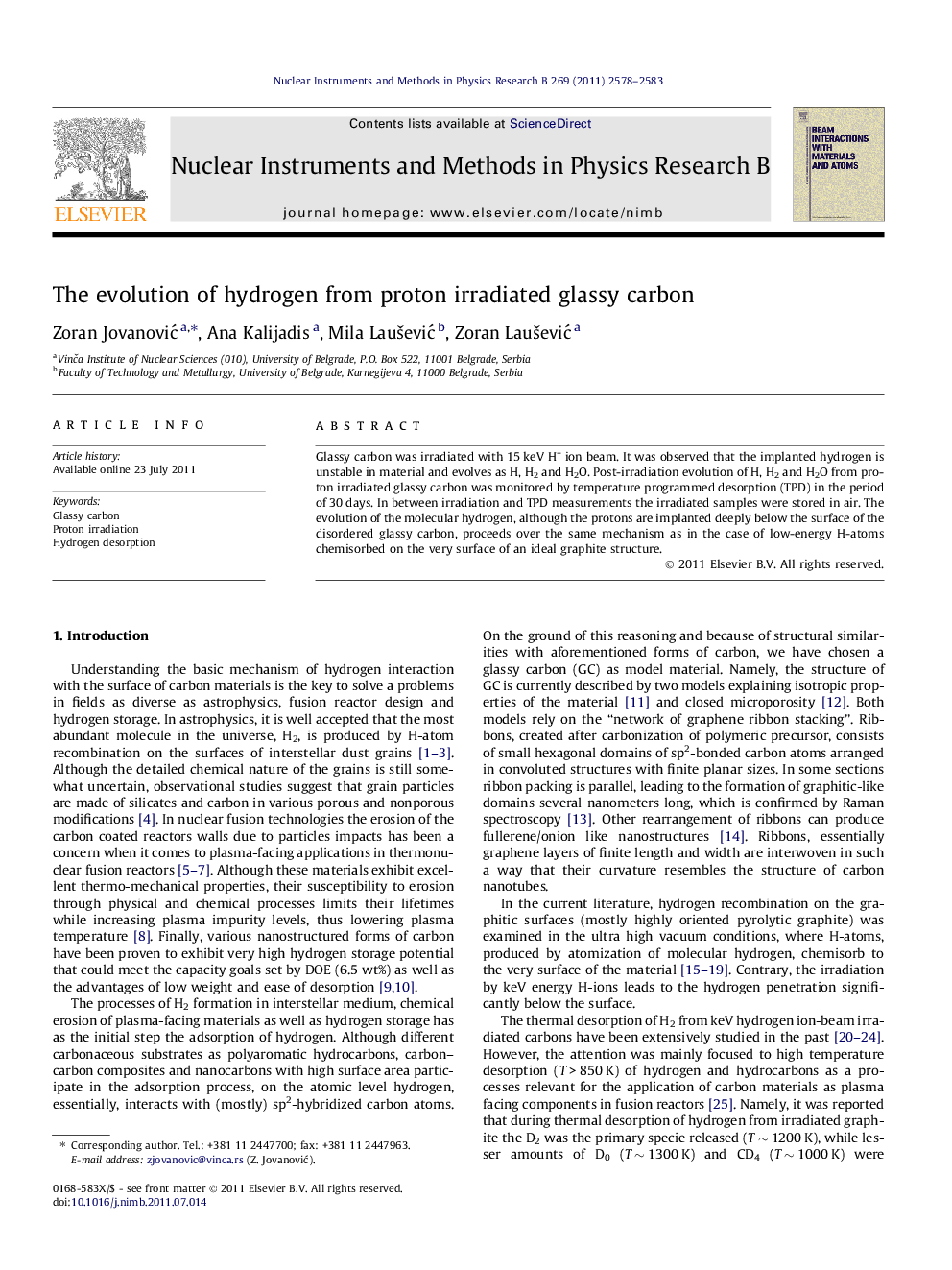 The evolution of hydrogen from proton irradiated glassy carbon