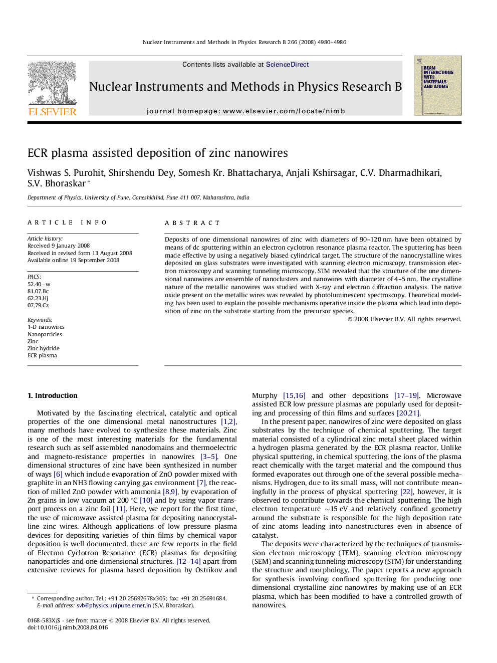 ECR plasma assisted deposition of zinc nanowires